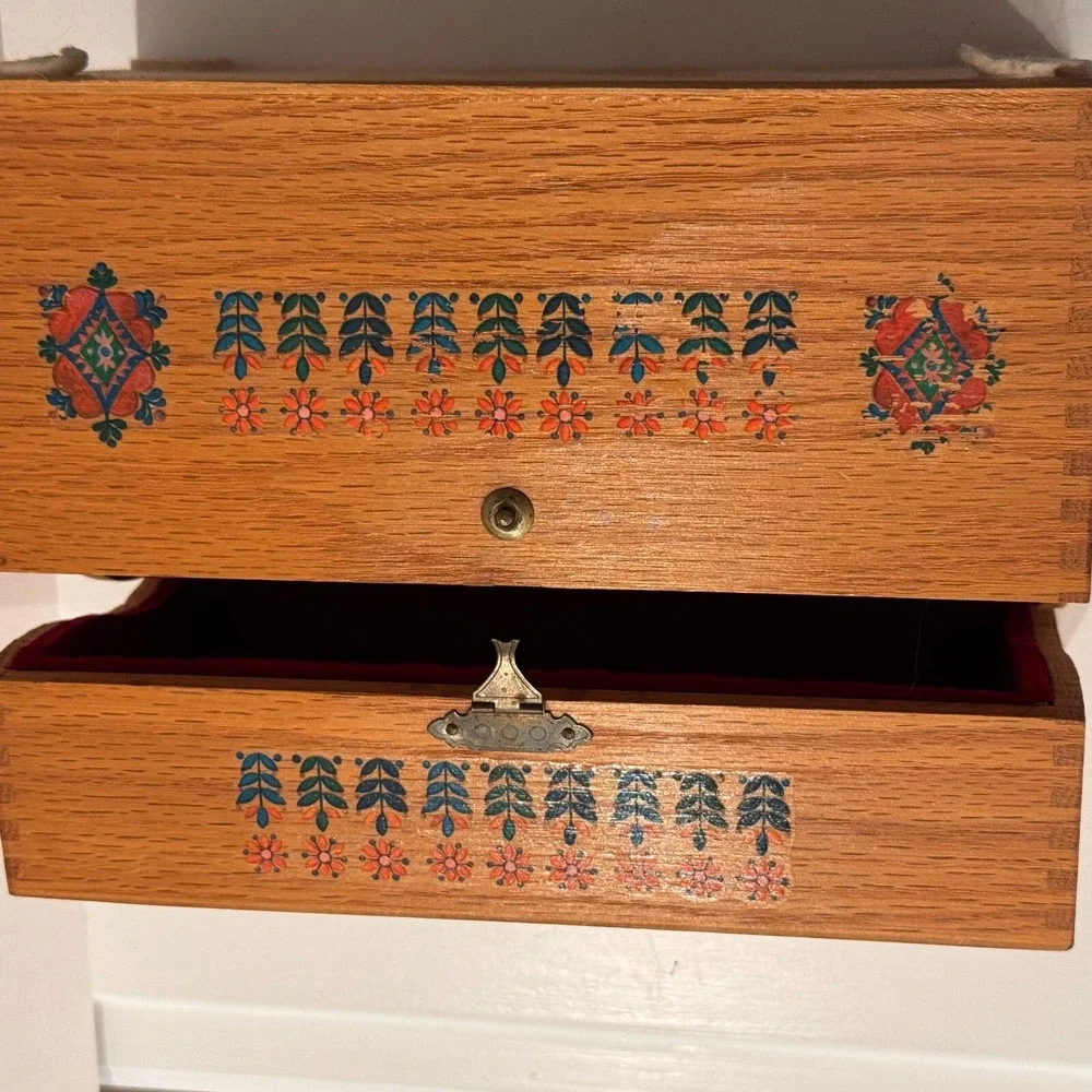Vintage Wooden Jewelry Box Hinged Hidden Drawer Design Folk Art Detail‎
